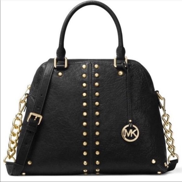 Michael Kors Astor Studded Leather Large Satchel Bag Black - Picture 1 of 7